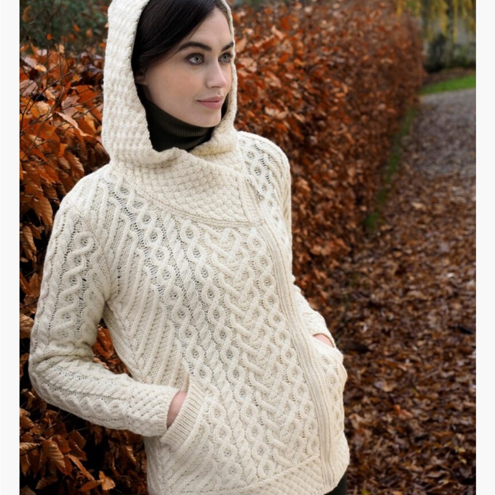 Aran Crafts Cream Cable Knit Hooded Sweater